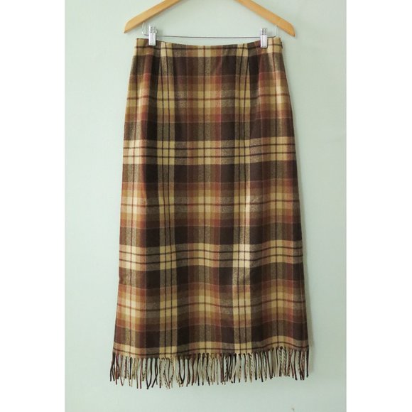 Pendleton Plaid Maxi Tan Plaid Long Pleated Vintage Wool Skirt with Fringe - Picture 1 of 4